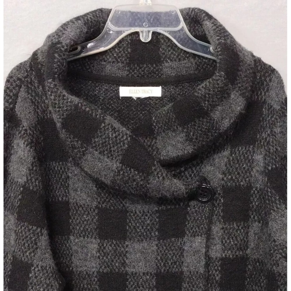 Ellen Tracy Womens XL Sweater Jacket Gray Buffalo Plaid Wool Blend Cowl Neck